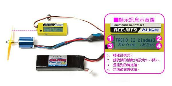 可由ESC來控制，測量2~7槳螺旋槳的轉速，並記憶最高轉數值的功能