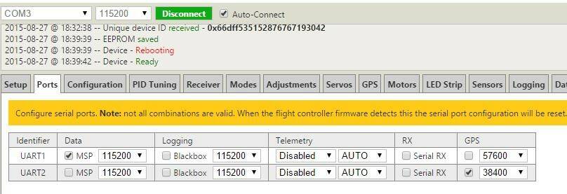 這個部分 要勾選 {GPS 38400} ~ 本來 UART2 的 RX 是給 Serial RX (小衛星通道)~