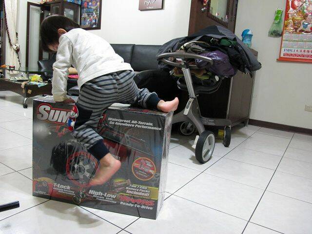 兒子一見箱子就往上爬..
